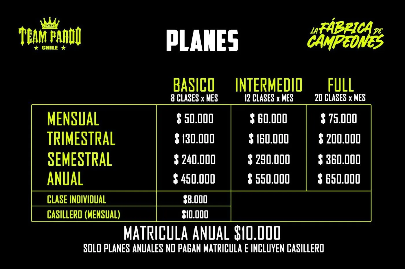 Planes y precios oficiales de Team Pardo Chile — La Fábrica de Campeones